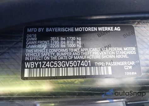 2016 BMW I3 Base W/Range Extender z USA, uszkodzony, nr VIN WBY1Z4C53GV507401